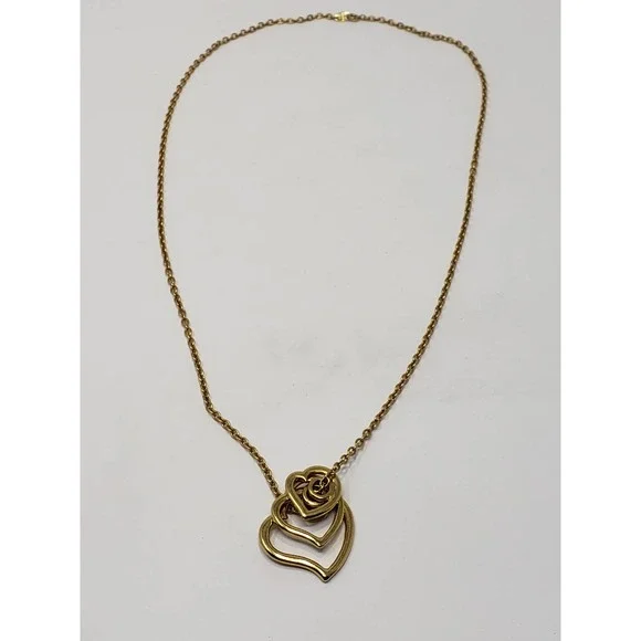 Avon Triple Heart Pendant Gold Tone Long Chain Necklace Graduated Open Hearts - Picture 3 of 5
